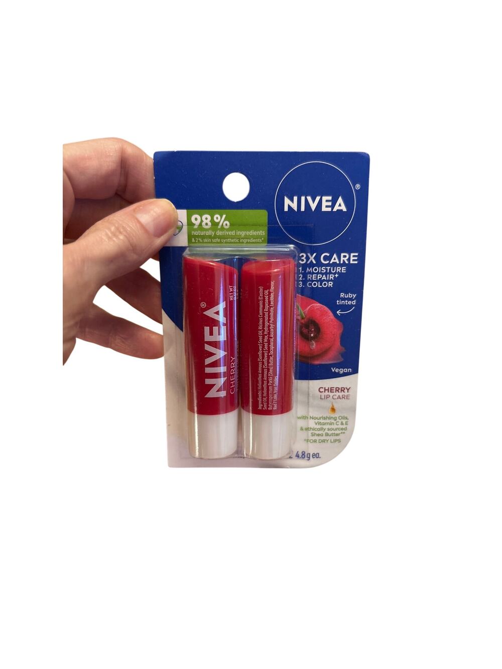 New 2pk Nivea Cherry Lip Care Tinted Lip Balm Ruby Tinted 98% Natural Ingredient